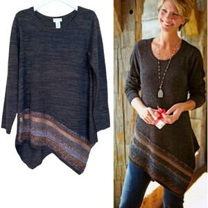Soft Surroundings Women Petite M Asymmetric Wool‎ Blend Long Brown Sweater Tunic